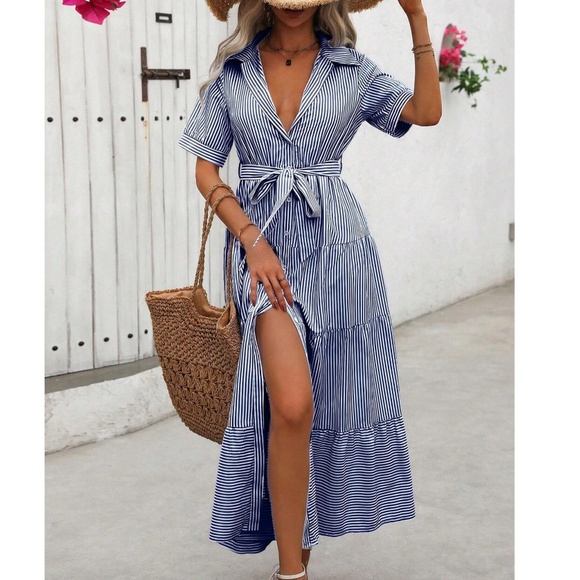 Boho Striped Butto Belted Short Sleeve Ruffle Hem Shirt dress - Picture 2 of 5